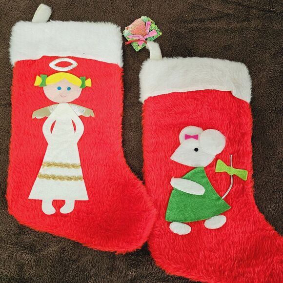 2 Vintage Fuzzy Christmas Red Stockings Angel & Mouse Felt Appliqué Handmade 70s - Picture 1 of 7